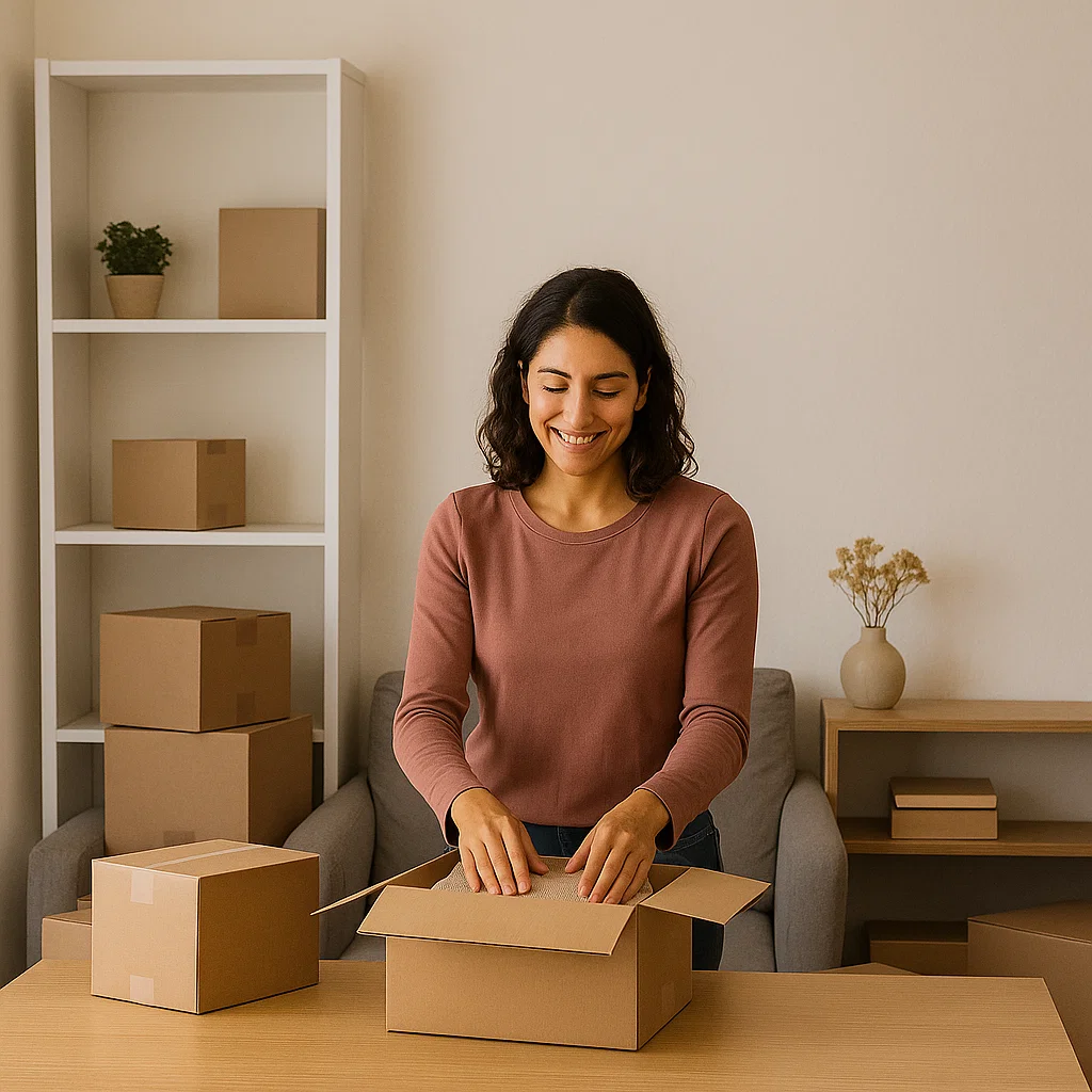 Smiling woman packing a box for on-demand storage in Paris