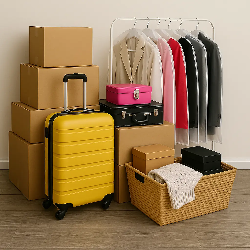 Cartons, valise jaune et vêtements sur portant prêts à être stockés