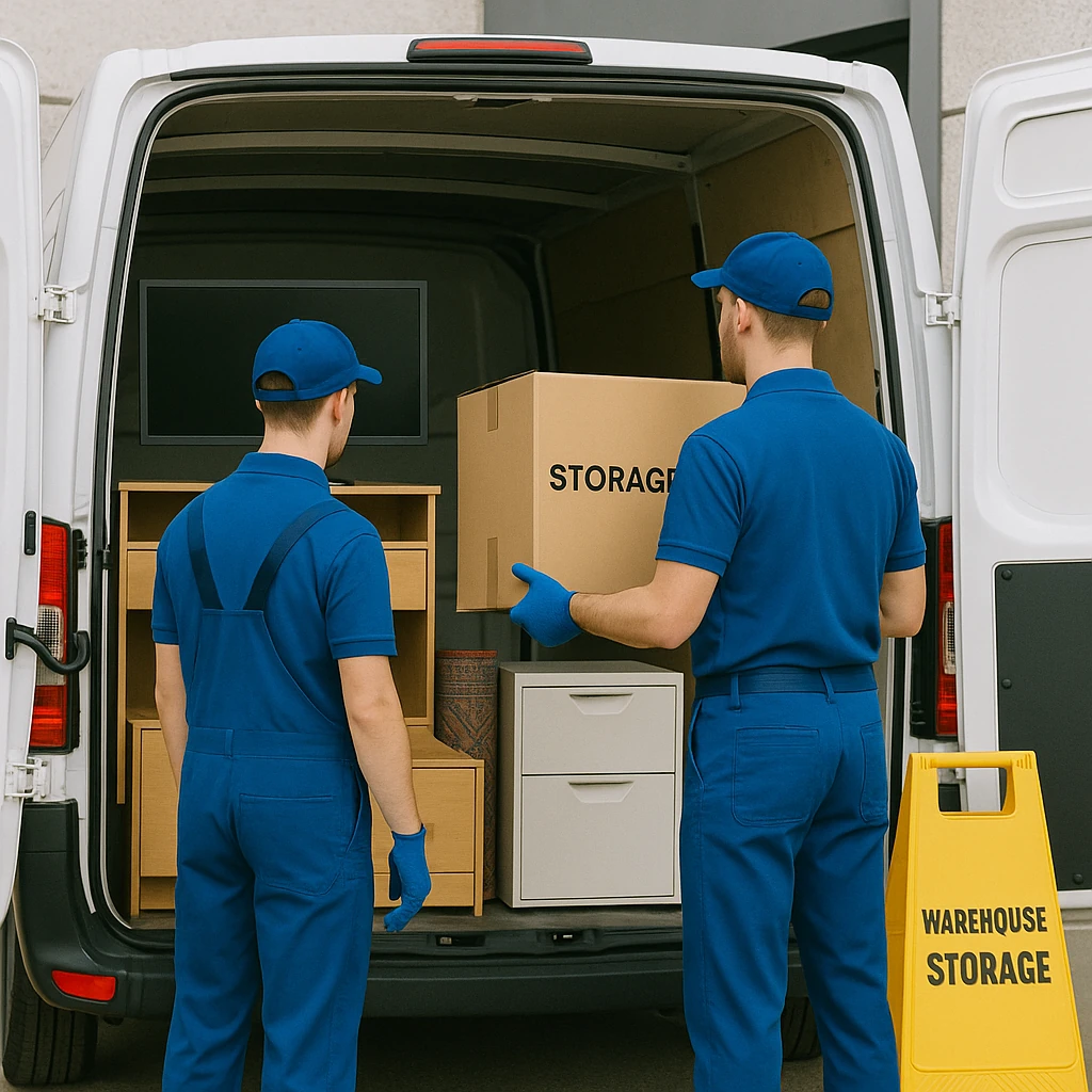 Office items being loaded into a van for business storage in Paris