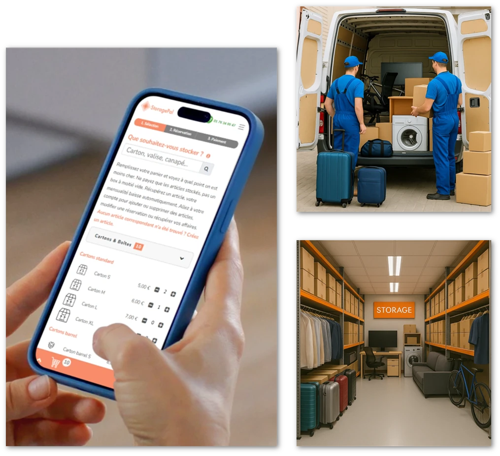 StoragePal reservation on mobile, movers loading storage van, and a full warehouse with suitcases