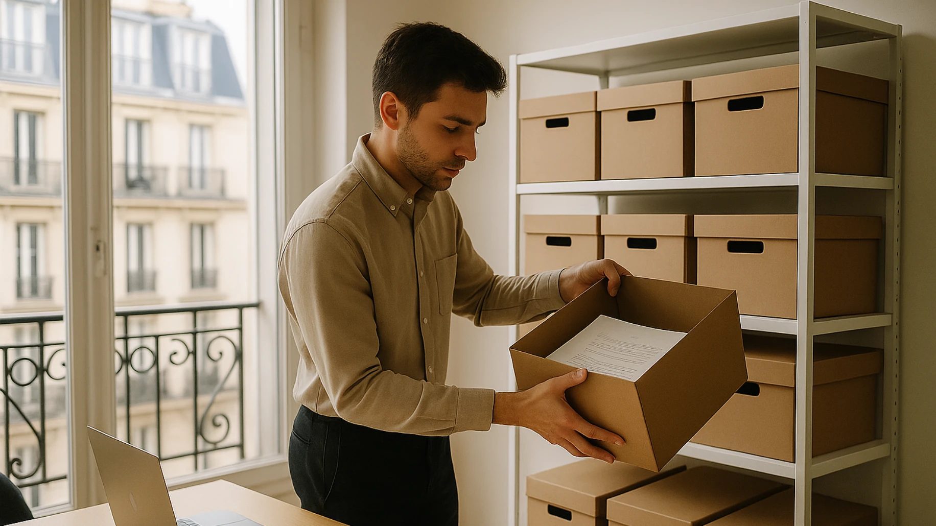 Man organizing document boxes in a Paris office