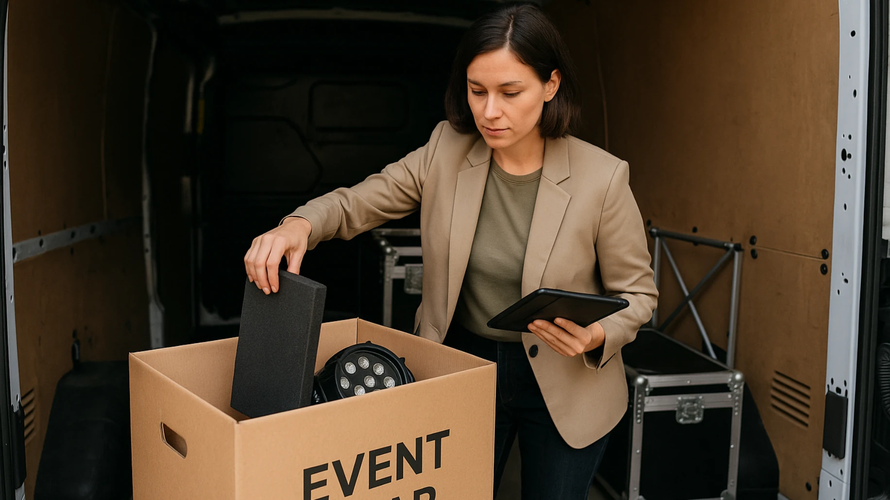 Woman organizing event gear in a van using a tablet