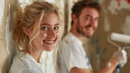 Smiling couple painting a wall during apartment renovation