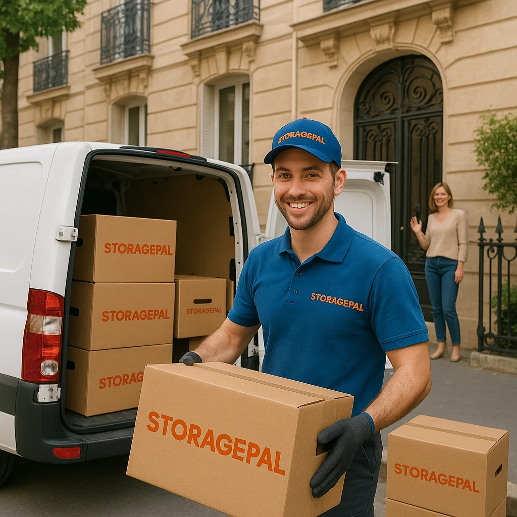 StoragePal driver smiling while picking up boxes in front of a Paris apartment