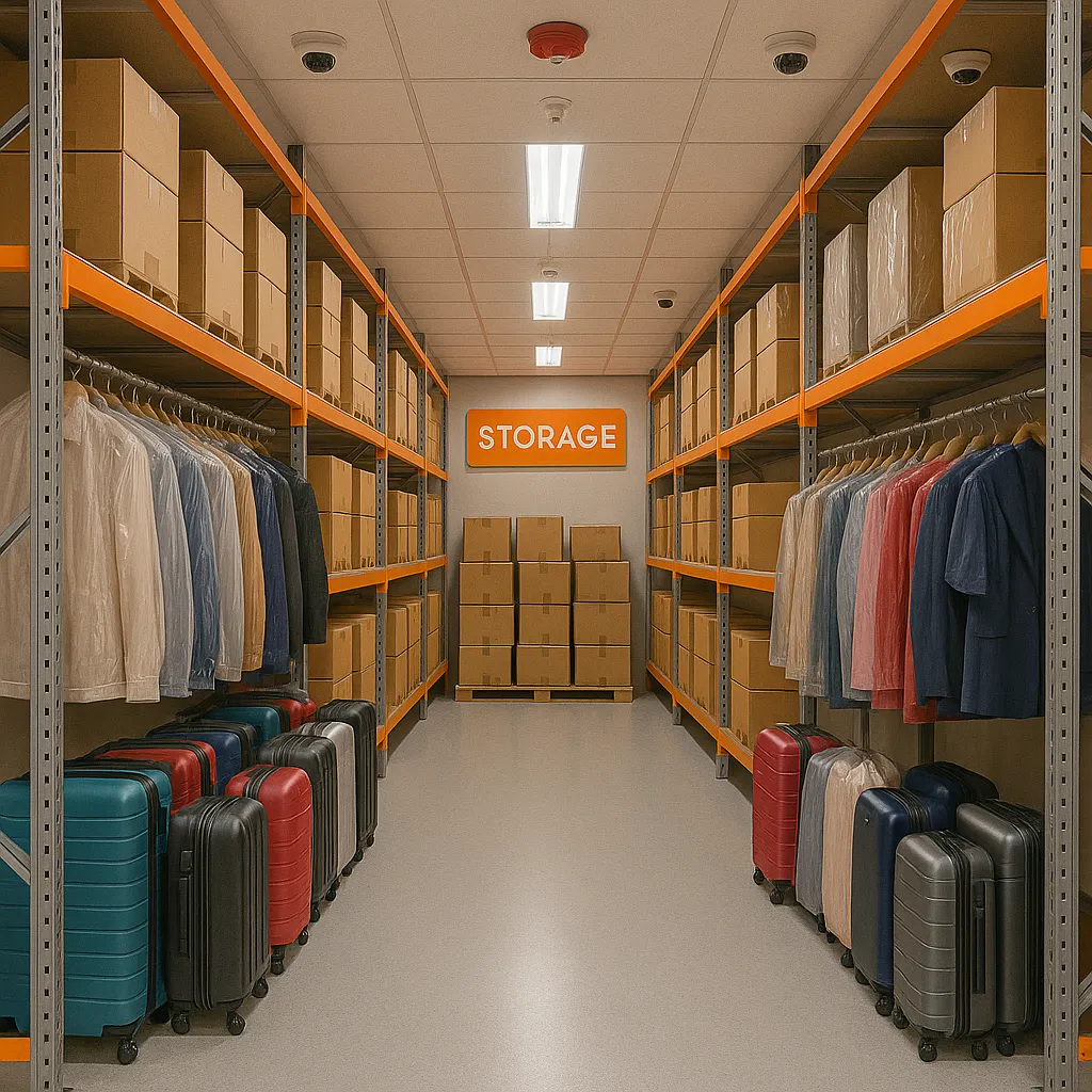 Stored suitcases, clothes, and carton boxes inside a warehouse