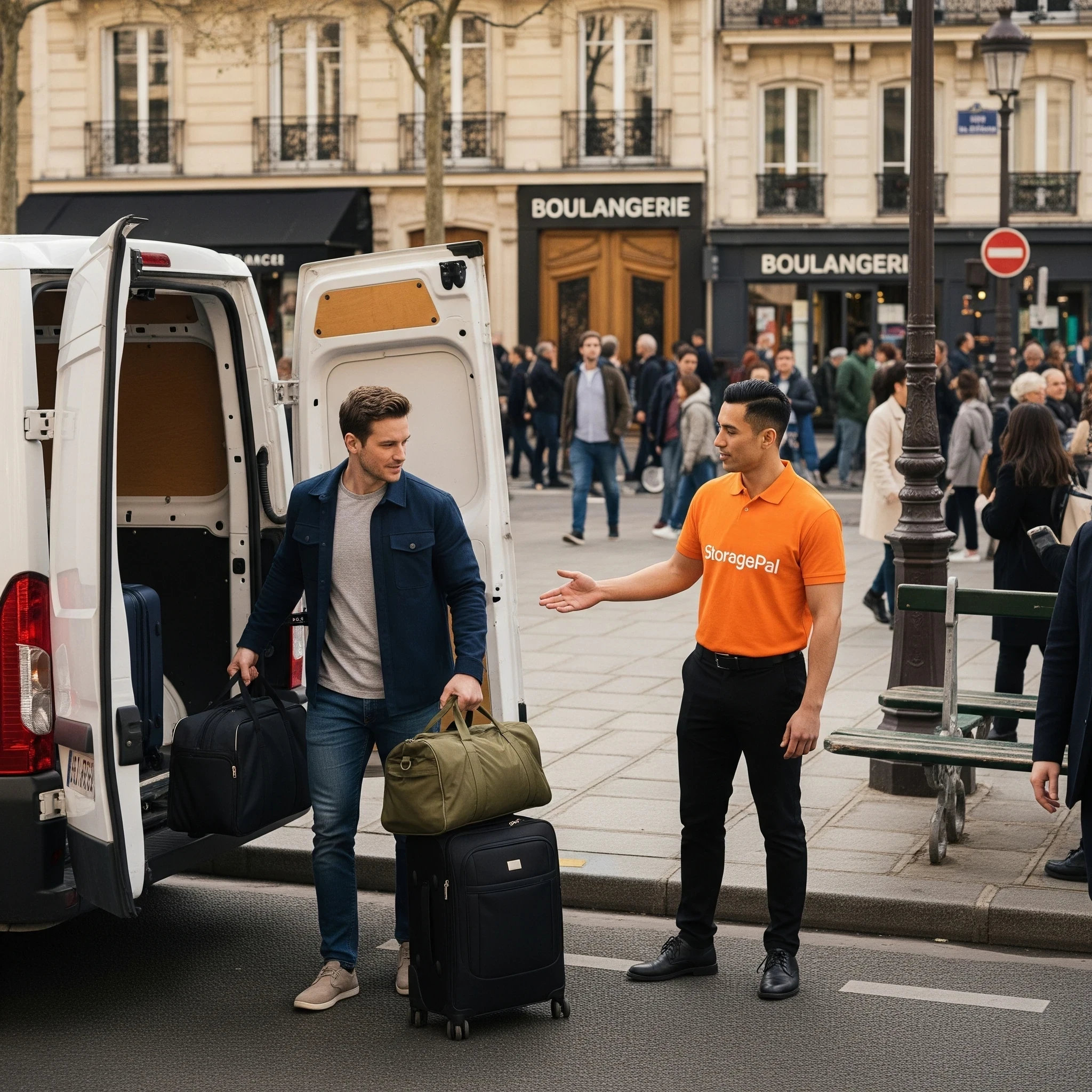 Chauffeur qui charge les bagages d’un client dans un camion, dans une rue de Paris