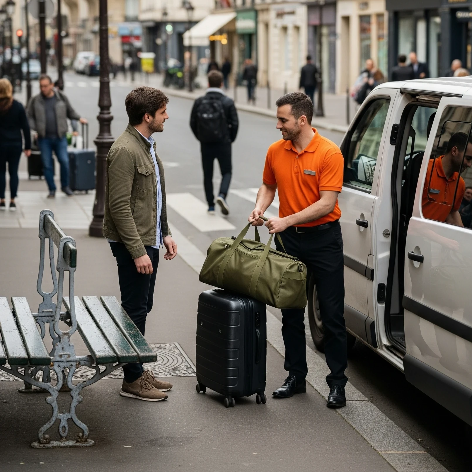 StoragePal agent in an orange shirt collects luggage from a customer beside a white van on a Paris street, showing StoragePal’s convenient luggage storage in Paris.