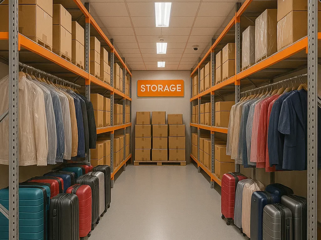 Stored suitcases, clothes, and carton boxes inside a warehouse
