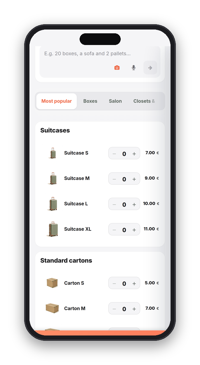 StoragePal catalogue on a phone: suitcases and cartons with their monthly prices