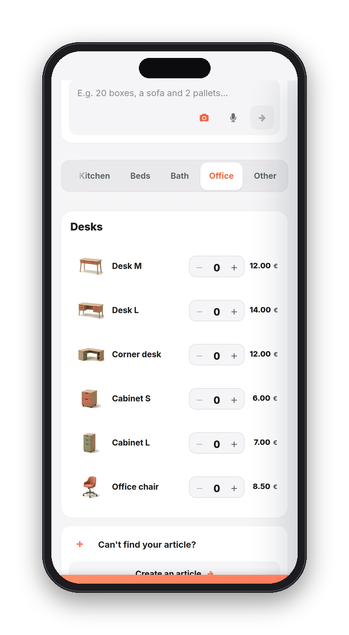 StoragePal catalogue on a phone: desks, cabinets and office chairs with their monthly prices