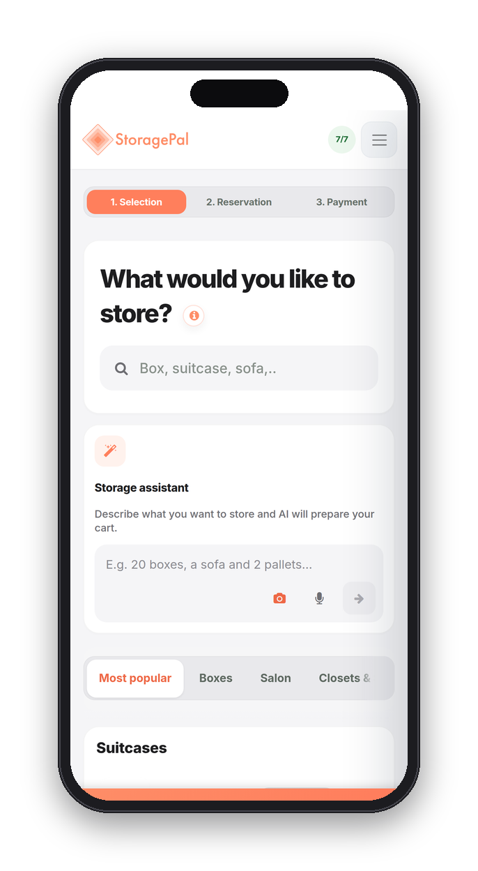 StoragePal catalogue on a phone: search and the AI storage assistant