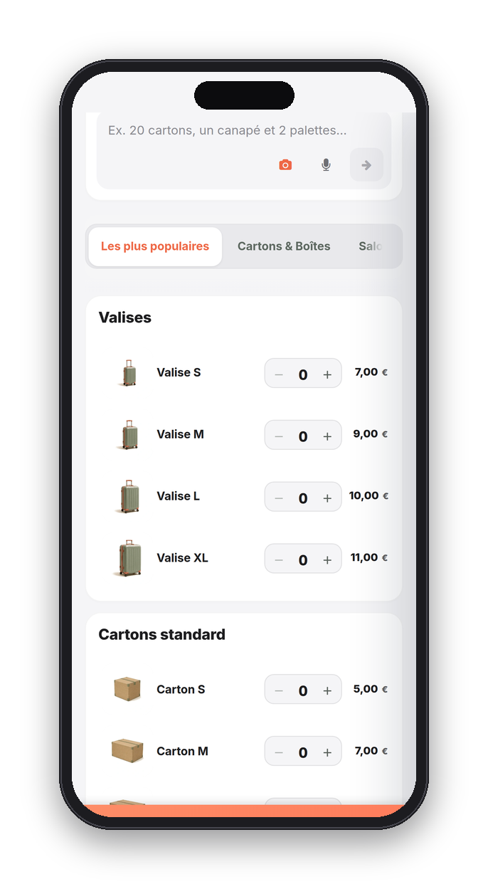 Catalogue StoragePal sur téléphone : valises et cartons avec leur prix mensuel