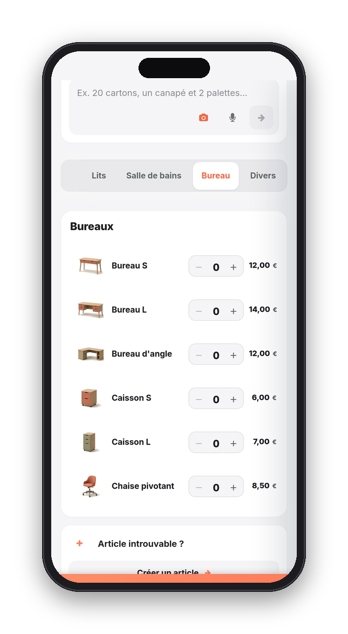 Catalogue StoragePal sur téléphone : bureaux, caissons et chaises avec leur prix mensuel