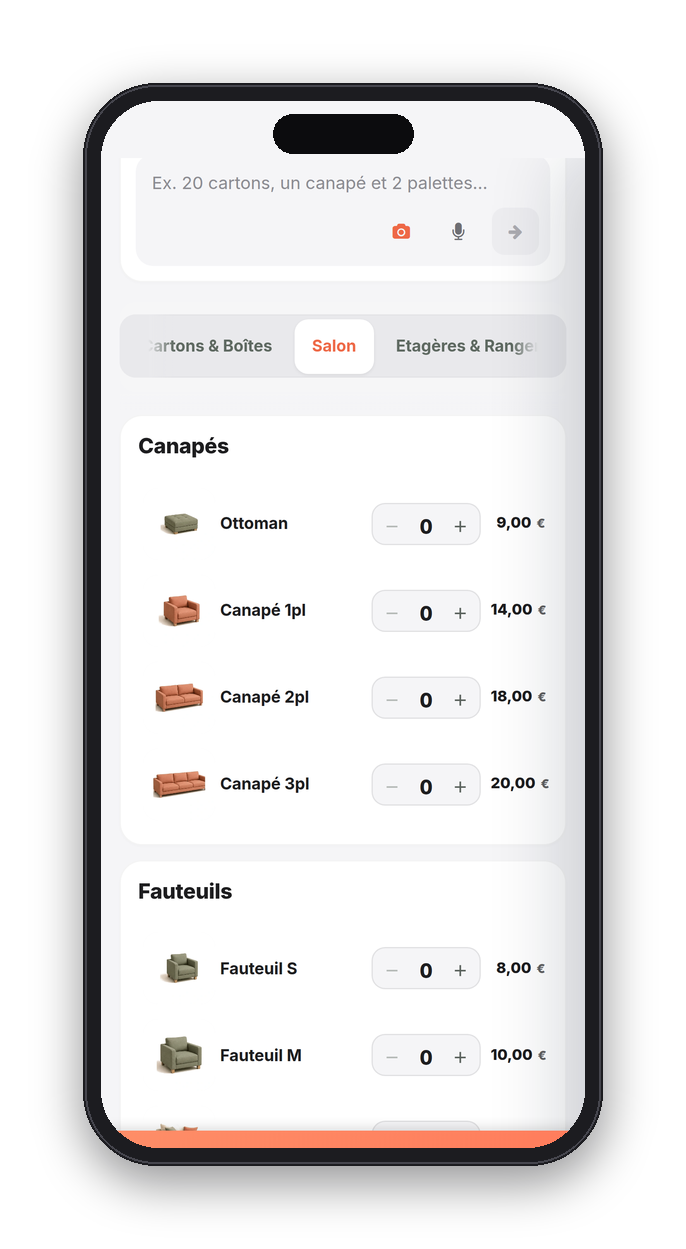 Catalogue StoragePal sur téléphone : canapés et fauteuils avec leur prix mensuel