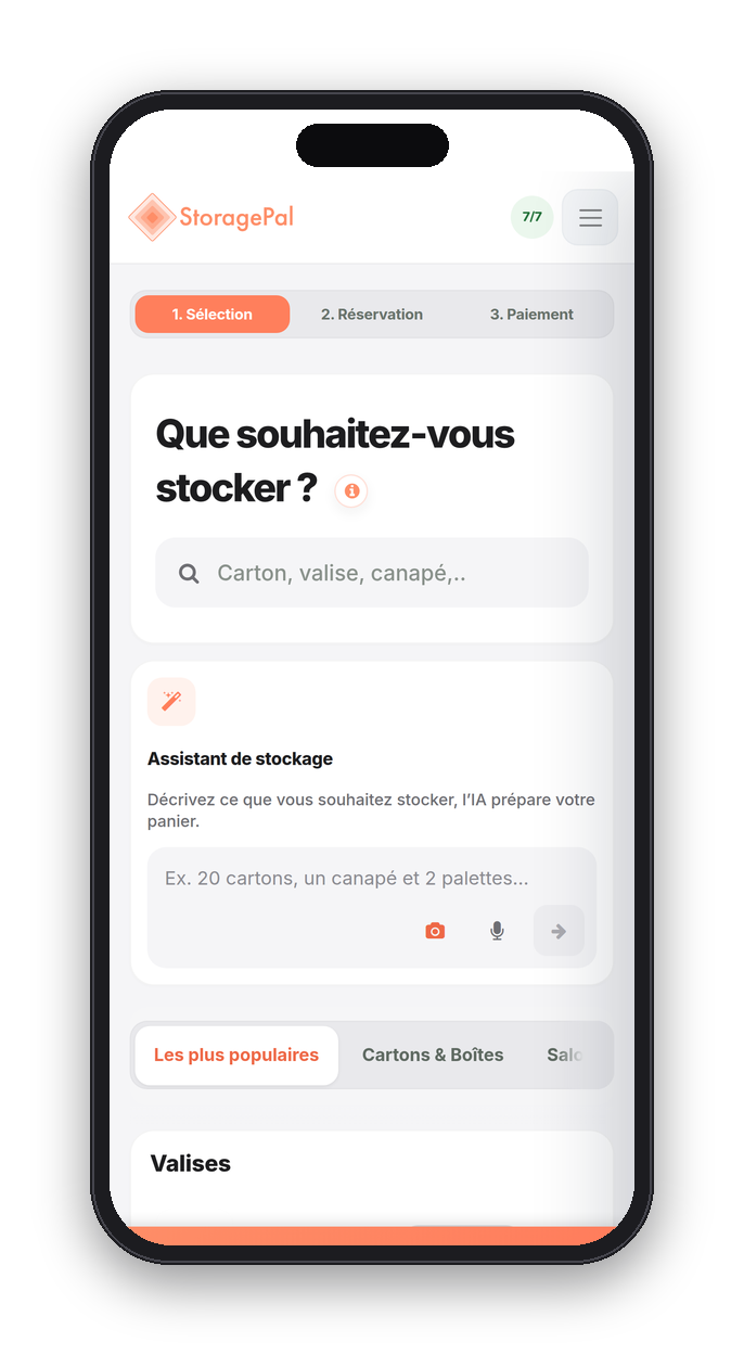 Catalogue StoragePal sur téléphone : recherche et assistant de stockage IA