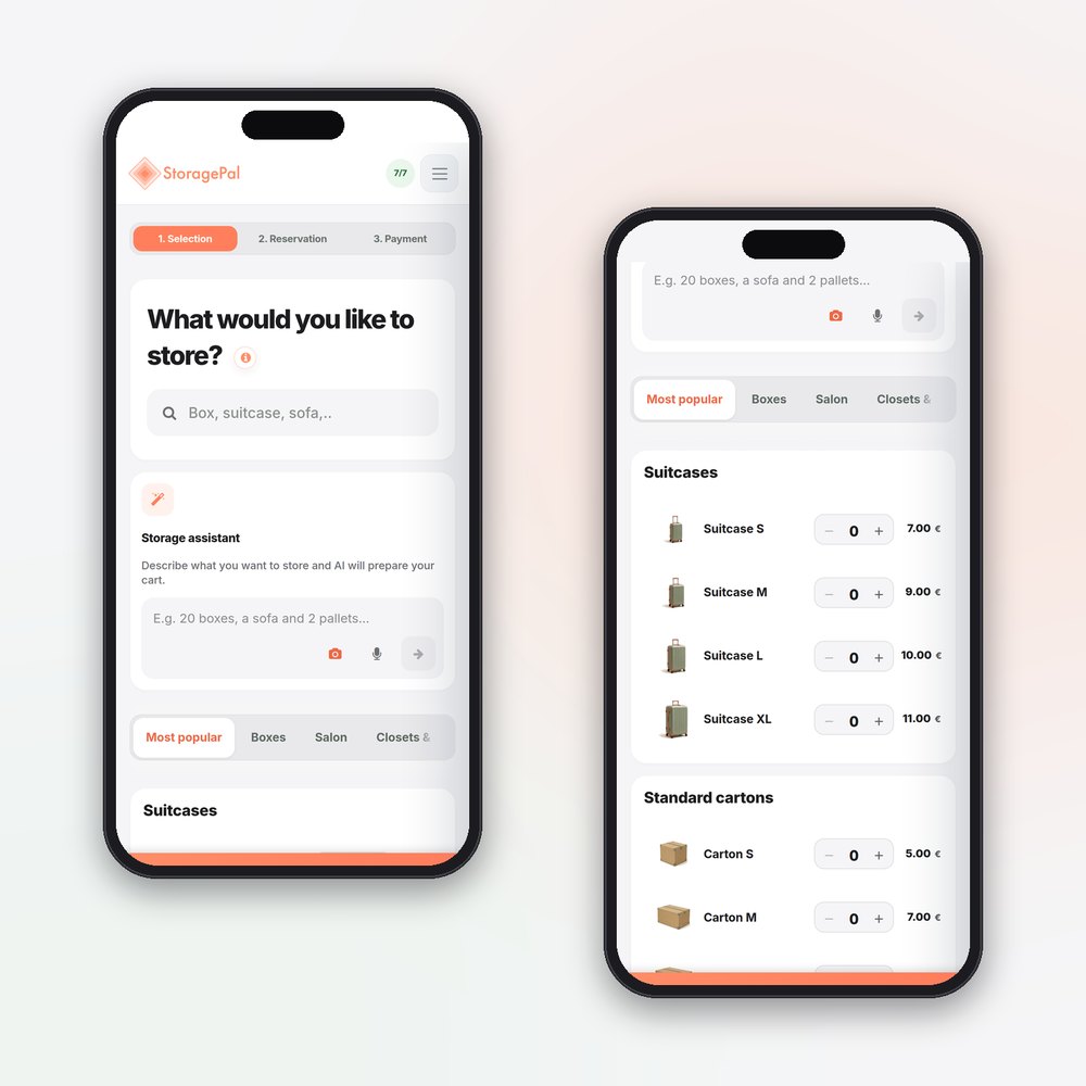 StoragePal booking app on two phones: the storage assistant and articles with their monthly prices
