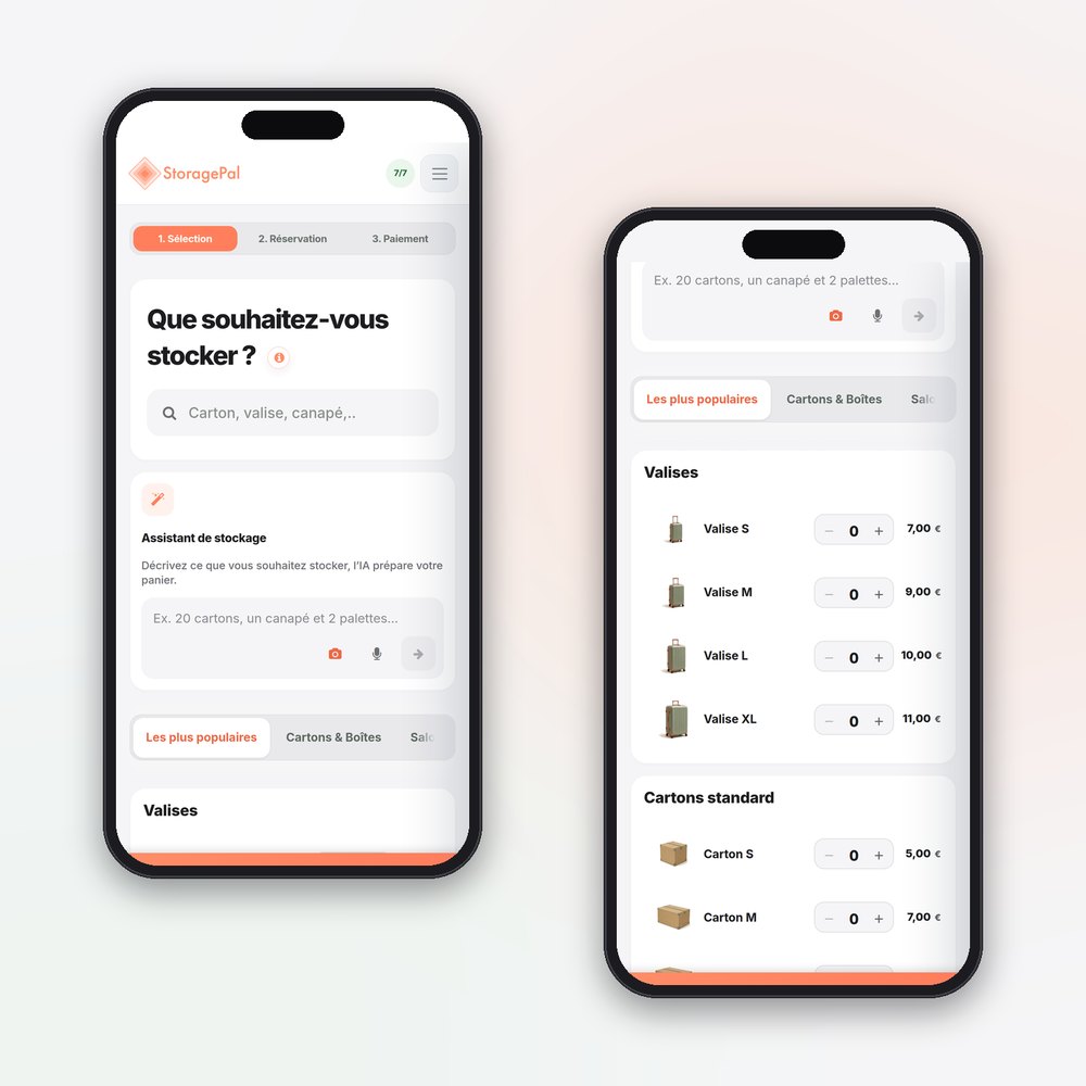 L’app de réservation StoragePal sur deux téléphones : l’assistant de stockage et les articles avec leur prix mensuel