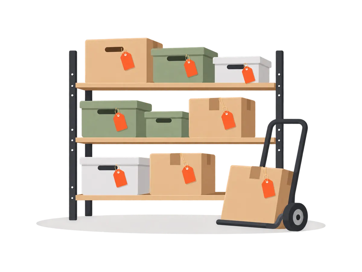 Illustration: shelves of tagged stock boxes and a hand trolley