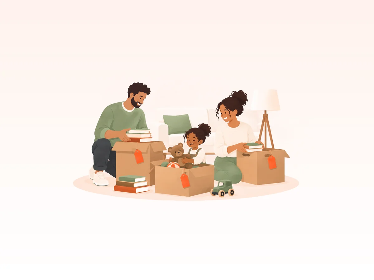Illustration : une famille range jouets et livres dans des cartons étiquetés