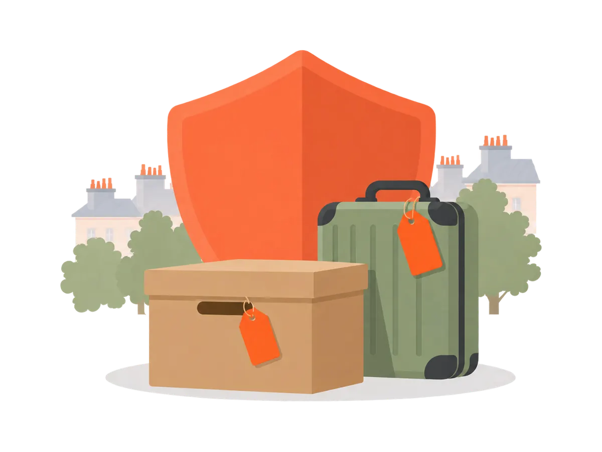 Illustration: an orange shield in front of a tagged box and suitcase