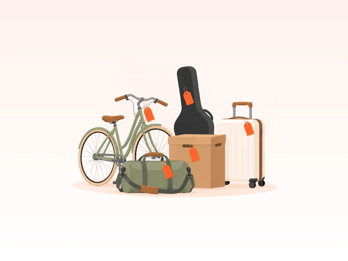 Illustration: a suitcase, a duffle bag, a bike, a guitar case and a box, each tagged