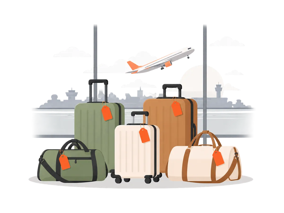 Illustration : valises et sacs étiquetés, un avion qui décolle derrière