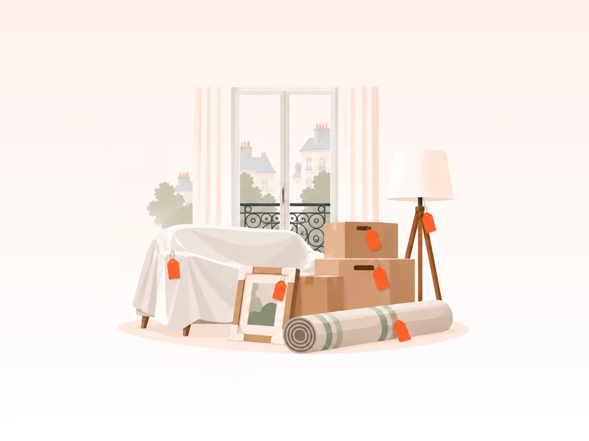 Illustration : meubles et cartons d’un appartement parisien, emballés et étiquetés pour le stockage