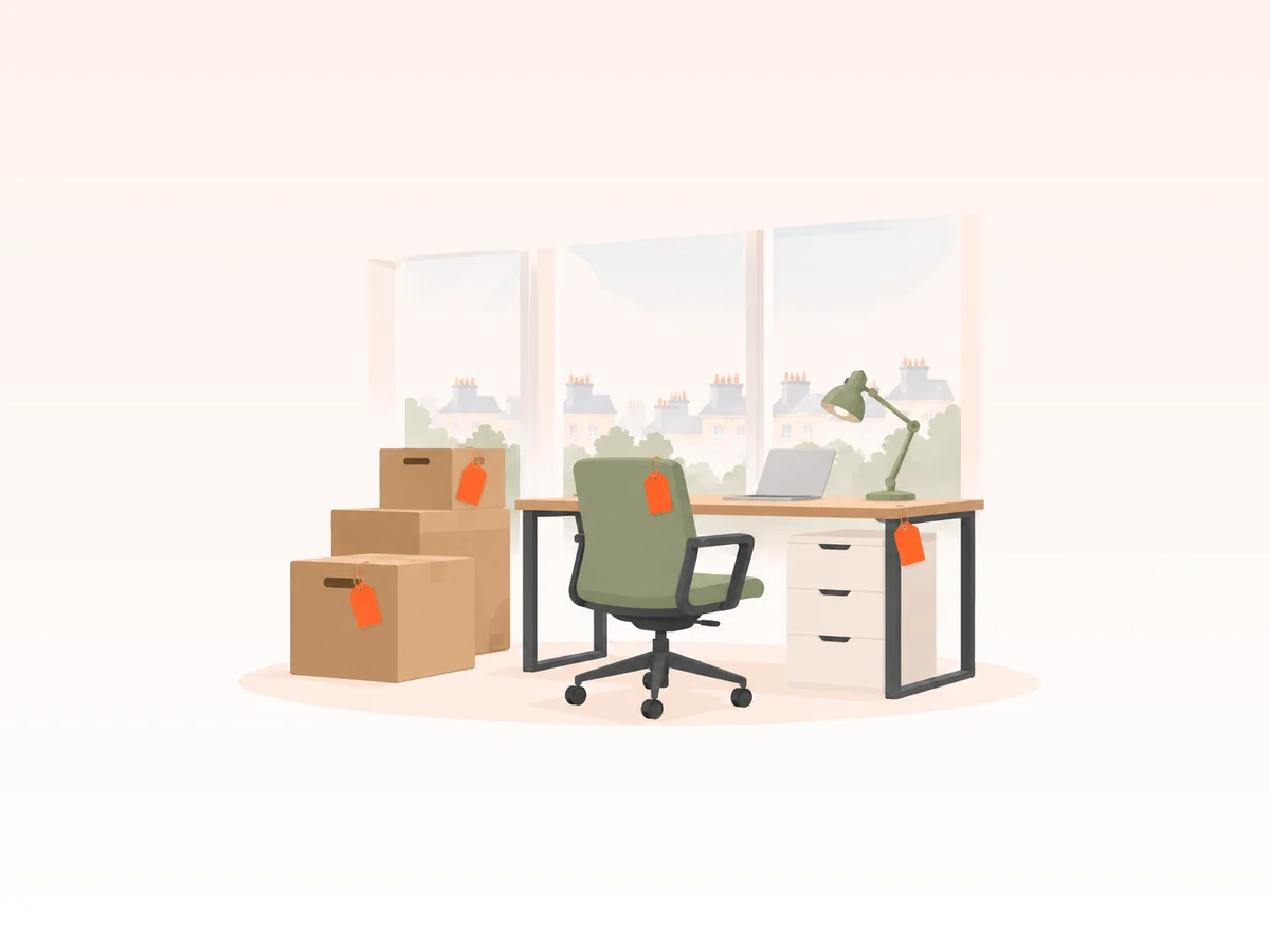 Illustration: tagged desk, chair and archive boxes back in a bright new office
