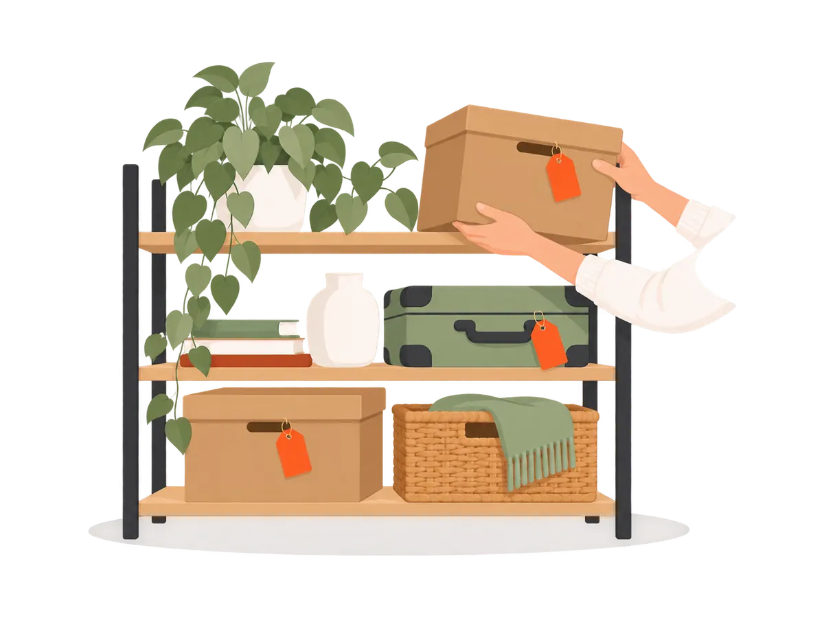 Illustration : un carton étiqueté sorti d’une étagère, les autres articles restent stockés