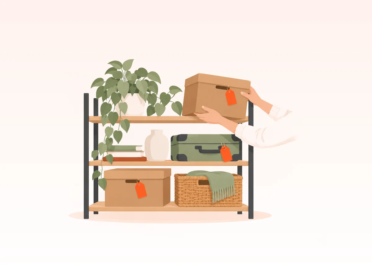 Illustration : un carton étiqueté sorti d’une étagère, les autres articles restent stockés