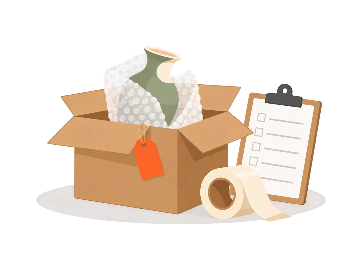 Illustration : un vase dans du papier bulle rangé dans un carton étiqueté, ruban adhésif et liste