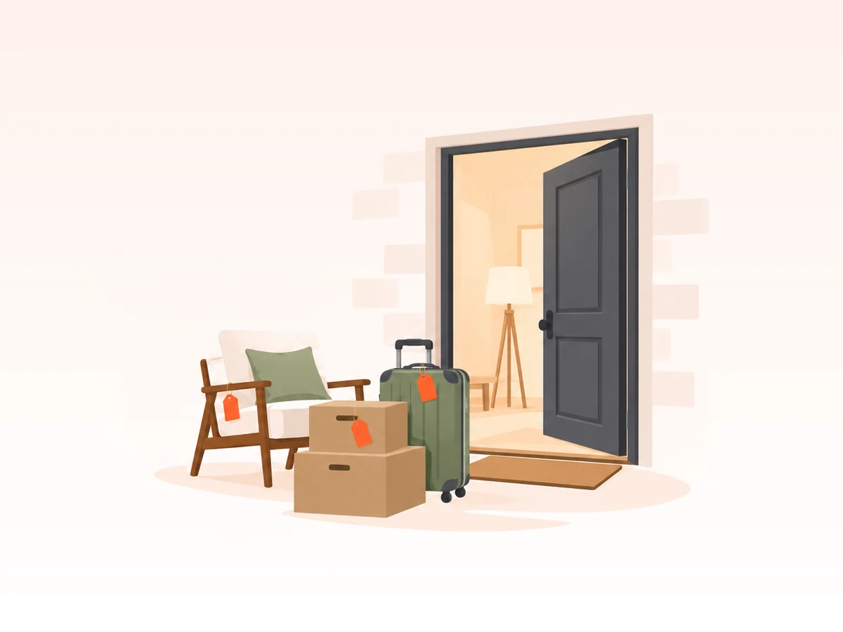 Illustration: tagged articles back at an apartment door