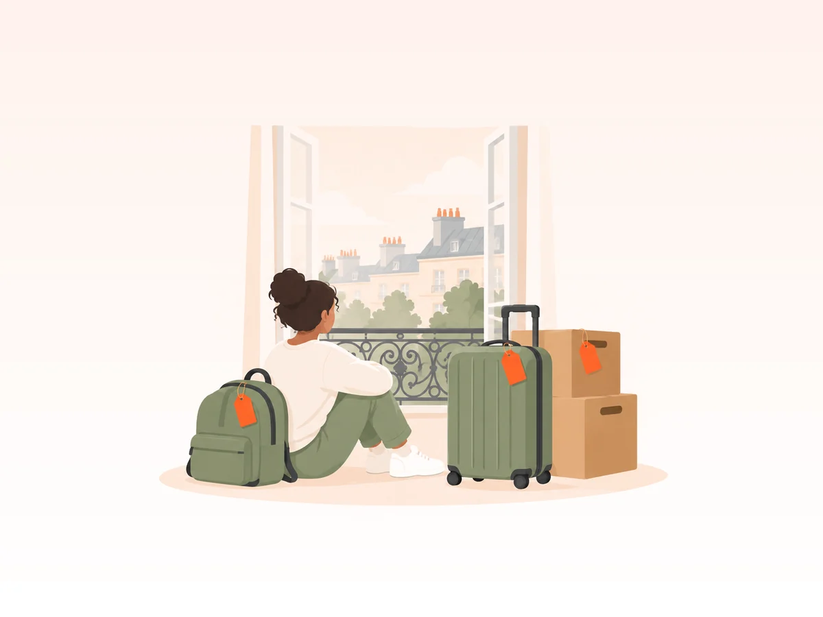 Illustration: a student with a backpack and a suitcase looking at Paris rooftops, tagged boxes beside