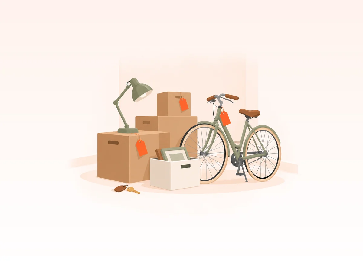 Illustration: a small room between two flats: tagged boxes, a bike and a desk lamp