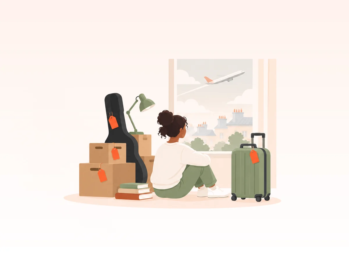 Illustration: a student sitting beside tagged boxes, a guitar case and a suitcase, a plane in the window