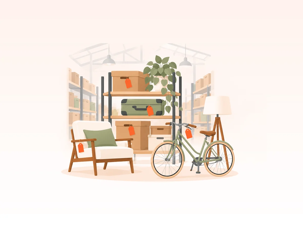Illustration : dans l’entrepôt : étagères de cartons, valises, fauteuil et vélo étiquetés, chacun à sa place