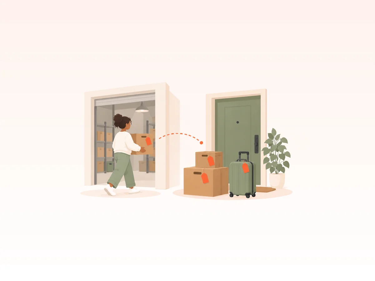 Illustration: two ways in: a box carried into the warehouse, or articles waiting at home to be collected